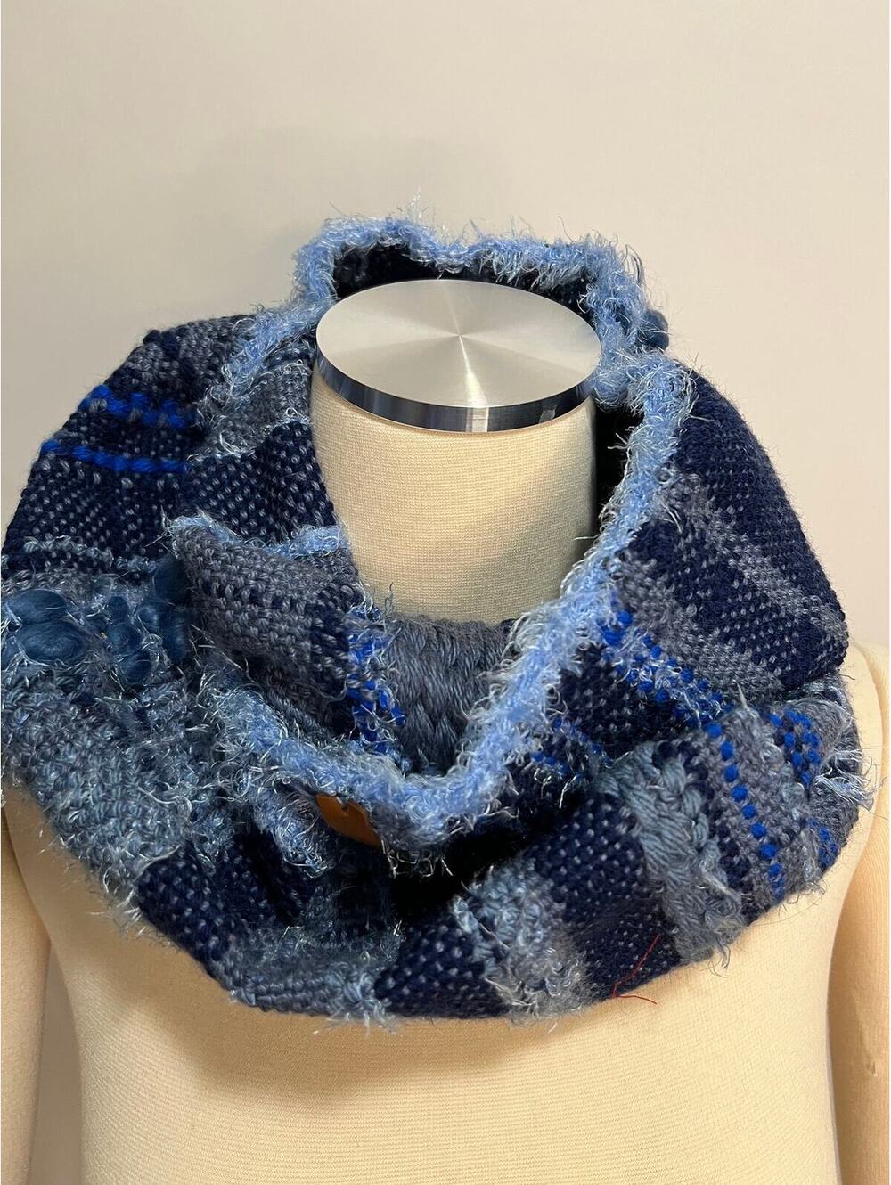 Woven on the Loom Chunky Knit Cowl: Blue Merino Wool Infinity Scarf
